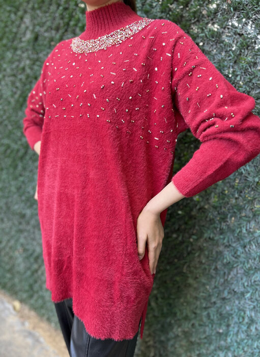 Nuss Önü Boncuklu Kazak KIRMIZI - 4