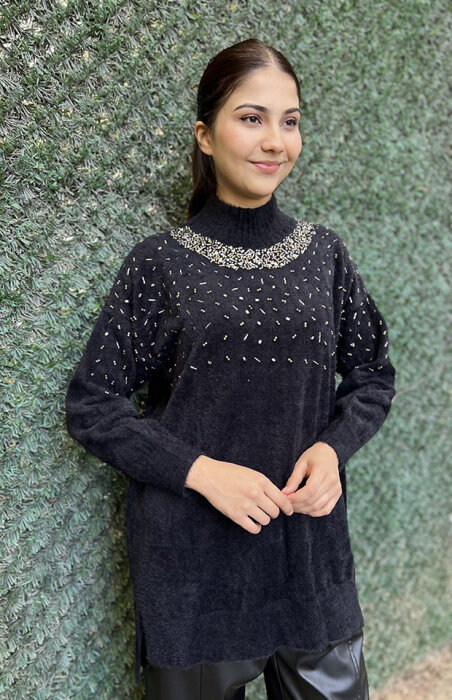 Nuss Önü Boncuklu Kazak SİYAH - 3