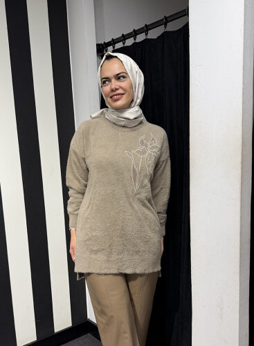 Nuss Önü Çiçek İşlemeli Kazak BEJ - 3