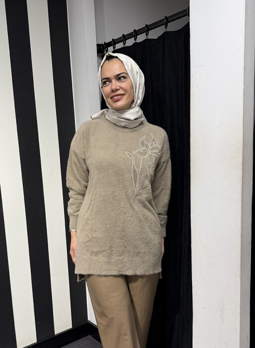 Nuss Önü Çiçek İşlemeli Kazak BEJ - 3