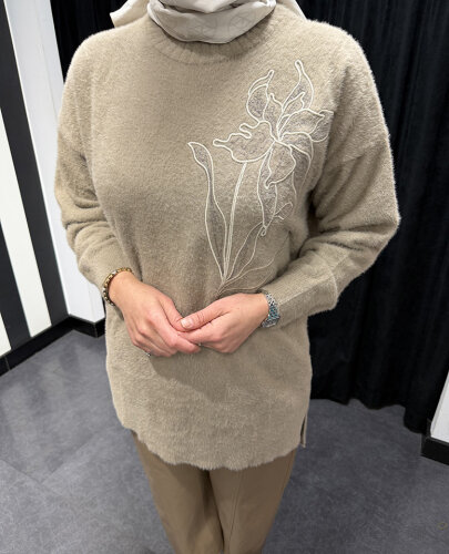 Nuss Önü Çiçek İşlemeli Kazak BEJ - 4