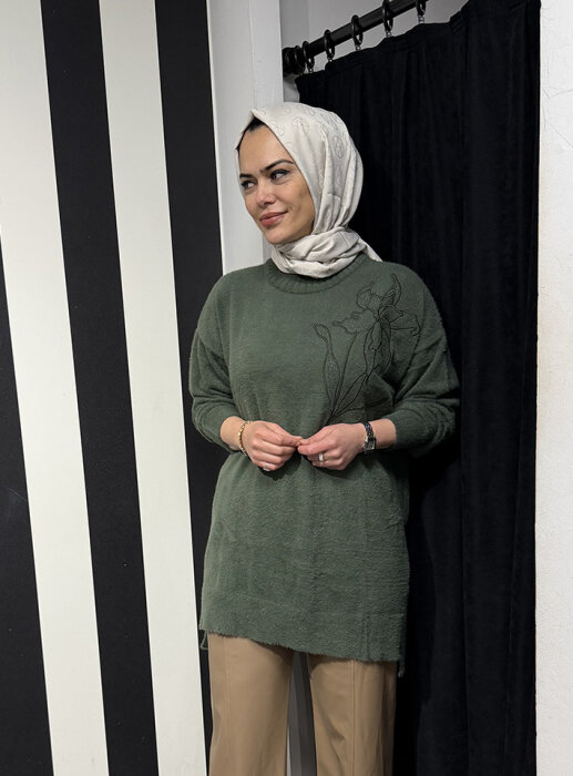 Nuss Önü Çiçek İşlemeli Kazak HAKİ - 3