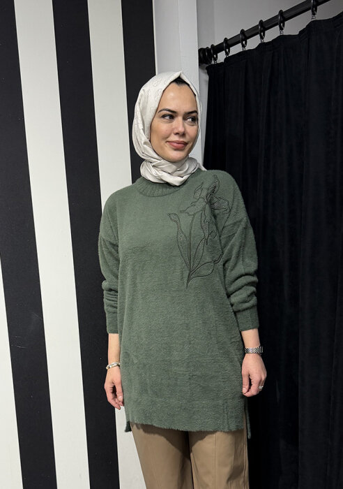 Nuss Önü Çiçek İşlemeli Kazak HAKİ - 2