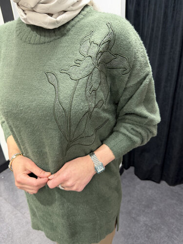 Nuss Önü Çiçek İşlemeli Kazak HAKİ - 4