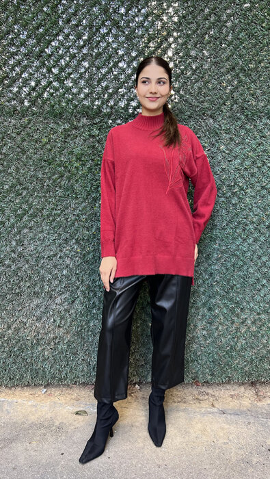 Nuss Önü Çiçek İşlemeli Kazak KIRMIZI - 4