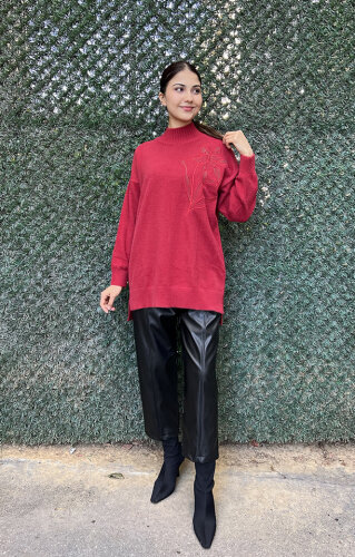 Nuss Önü Çiçek İşlemeli Kazak KIRMIZI - 5