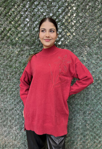 Nuss Önü Çiçek İşlemeli Kazak KIRMIZI - 3