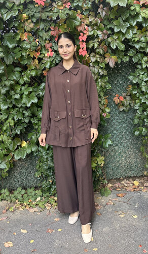 Nuss Önü Çıtçıtlı ve Cepli Pantolonlu Takım Bitter Kahve 