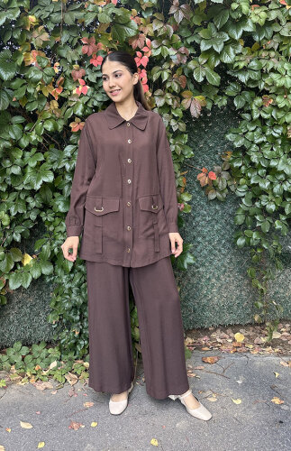 Nuss Önü Çıtçıtlı ve Cepli Pantolonlu Takım Bitter Kahve - 2
