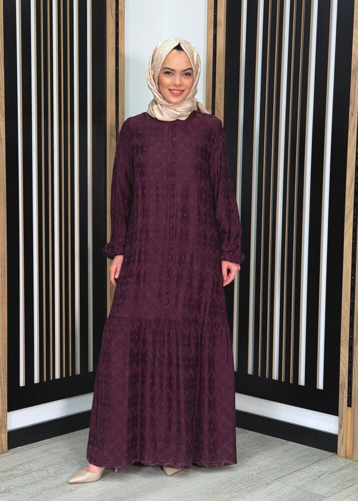 Nuss Önü Düğme Görünümle Bilek Ucu Büzgülü Cupro Elbise BORDO