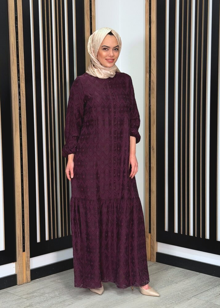 Nuss Önü Düğme Görünümle Bilek Ucu Büzgülü Cupro Elbise BORDO - 2