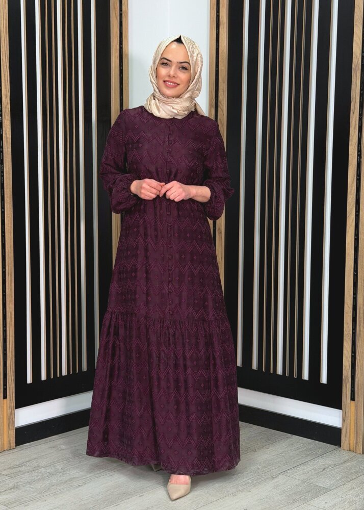 Nuss Önü Düğme Görünümle Bilek Ucu Büzgülü Cupro Elbise BORDO - 3