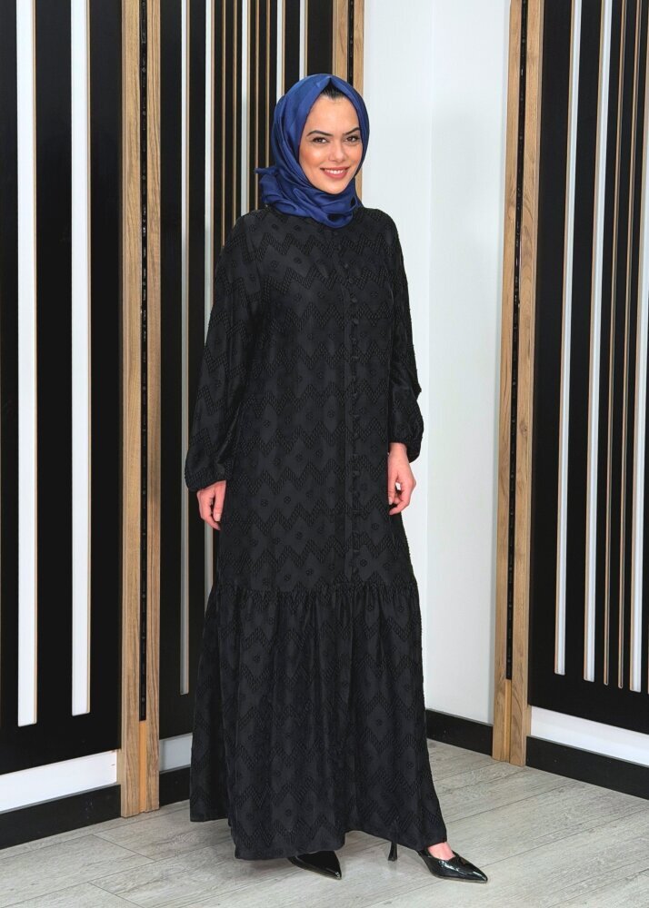 Nuss Önü Düğme Görünümle Bilek Ucu Büzgülü Cupro Elbise SİYAH