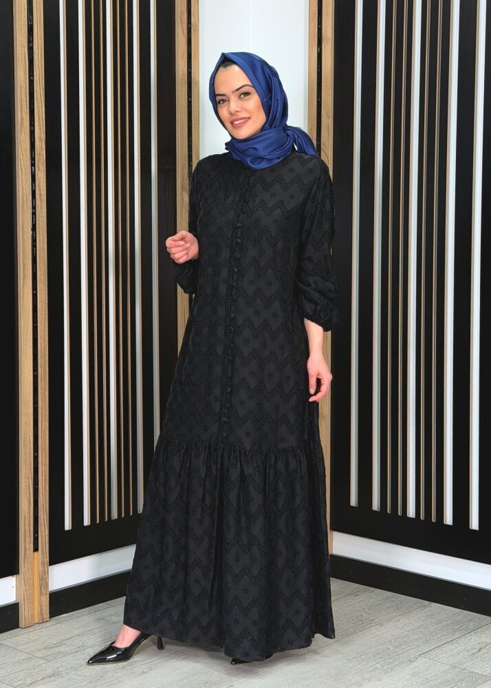 Nuss Önü Düğme Görünümle Bilek Ucu Büzgülü Cupro Elbise SİYAH - 2