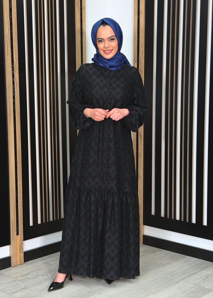 Nuss Önü Düğme Görünümle Bilek Ucu Büzgülü Cupro Elbise SİYAH - 3