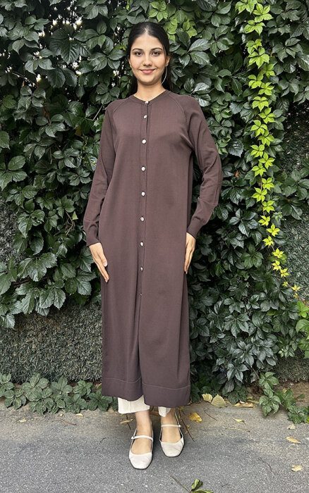 Nuss Önü Düğmeli Uzun Hırka KAHVE - 1
