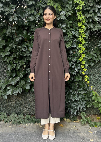 Nuss Önü Düğmeli Uzun Hırka KAHVE - 2