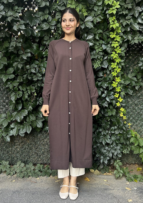 Nuss Önü Düğmeli Uzun Hırka KAHVE - 2