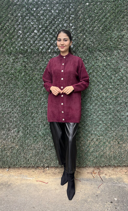 Nuss Önü Düğmeli Yumoş Hırka BORDO - 1