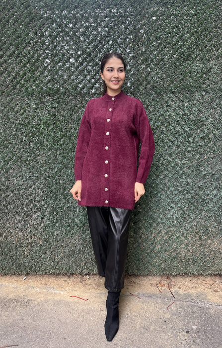 Nuss Önü Düğmeli Yumoş Hırka BORDO - 2