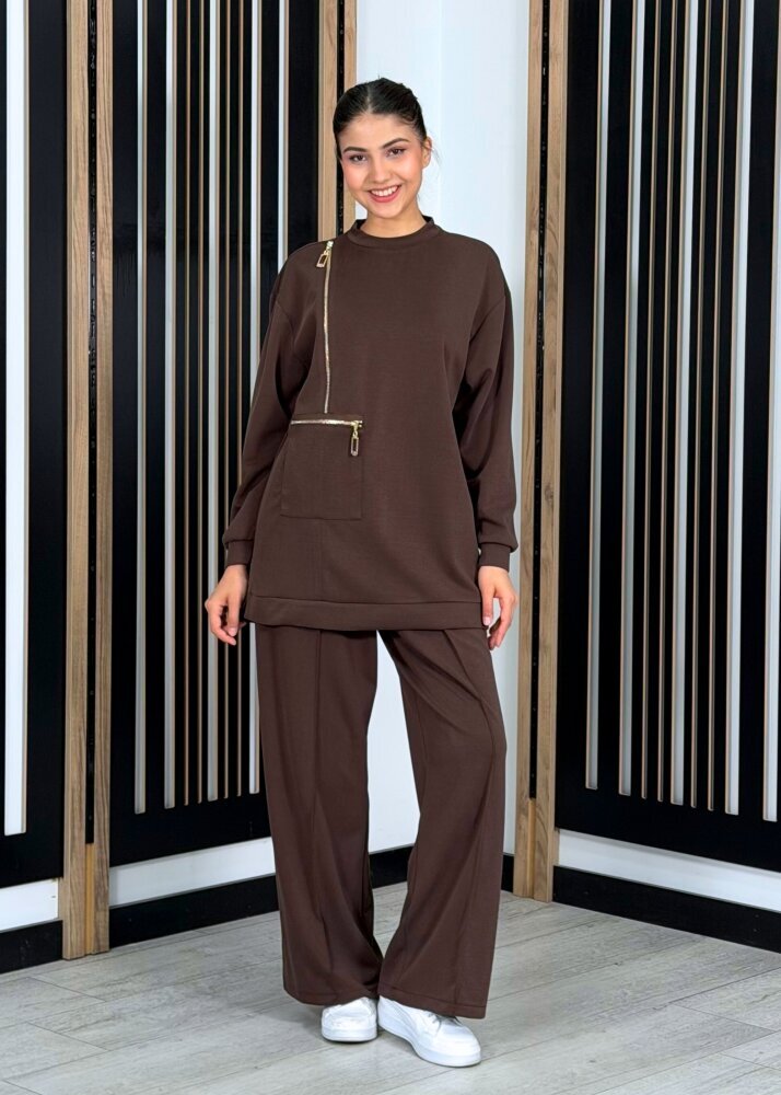 Nuss Önü Fermuar Detaylı Pantolonlu Takım KAHVE