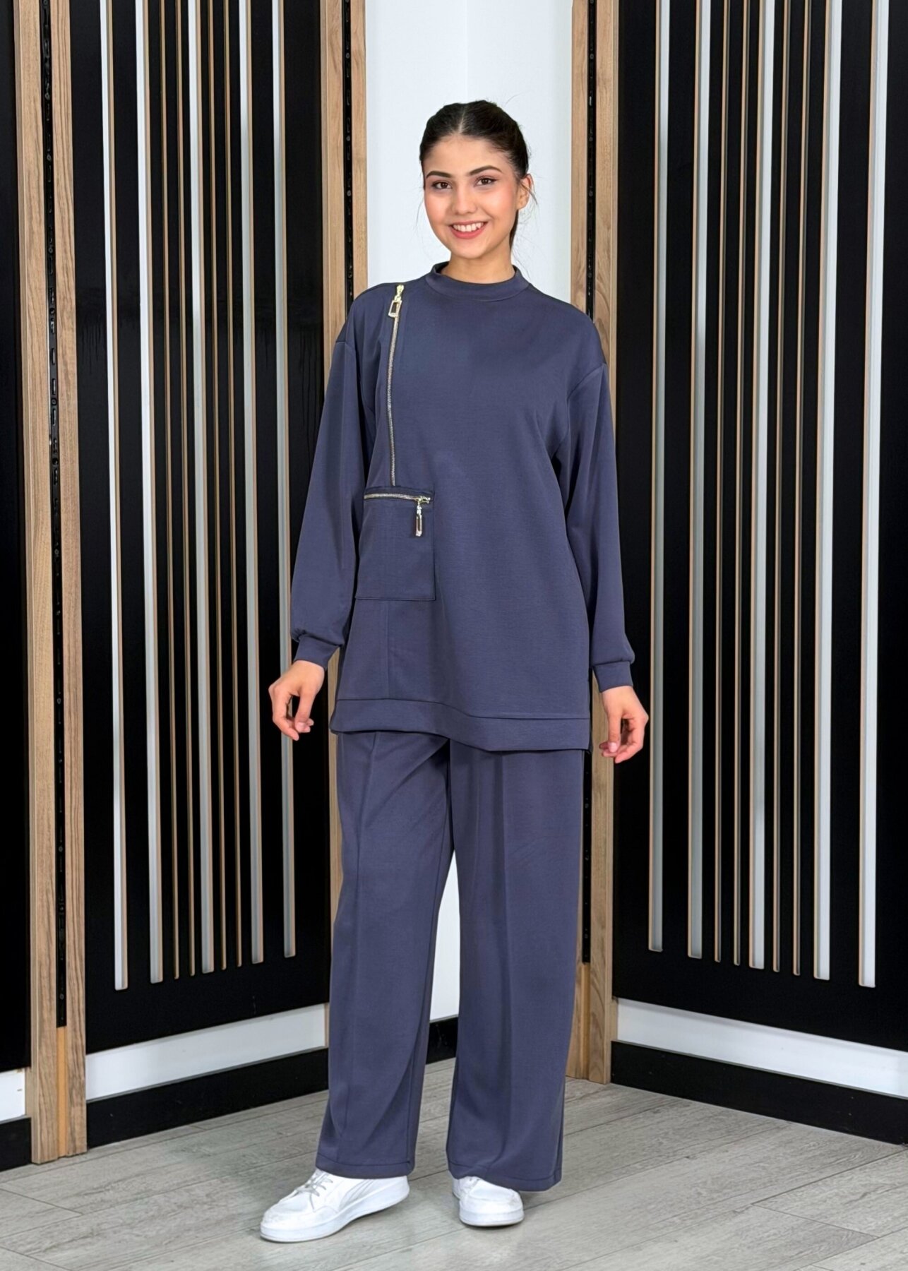 Nuss Önü Fermuar Detaylı Pantolonlu Takım LACİVERT - 3