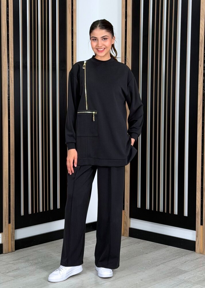 Nuss Önü Fermuar Detaylı Pantolonlu Takım SİYAH