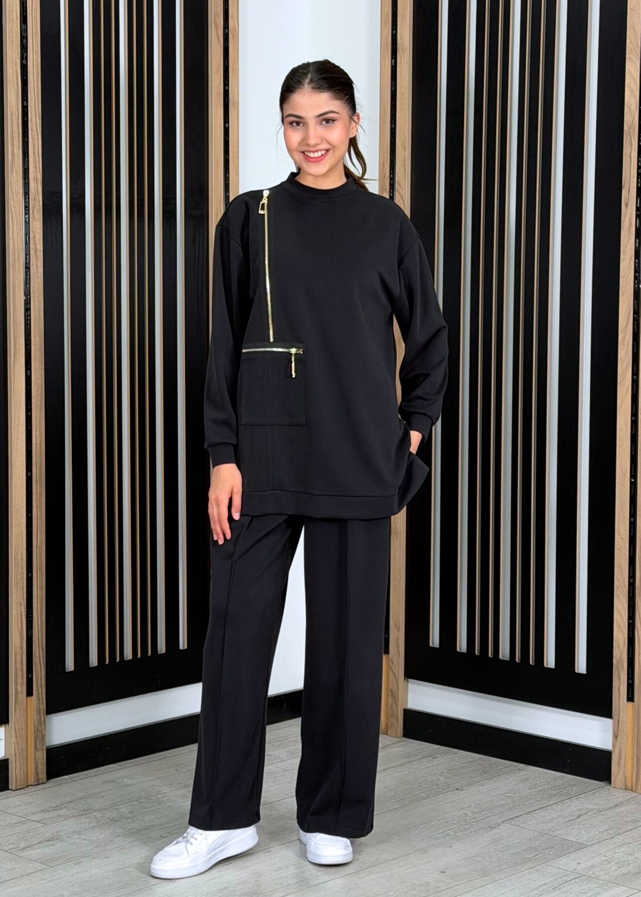 Nuss Önü Fermuar Detaylı Pantolonlu Takım SİYAH - 1