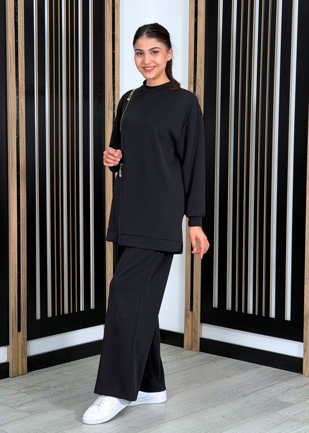 Nuss Önü Fermuar Detaylı Pantolonlu Takım SİYAH - 2