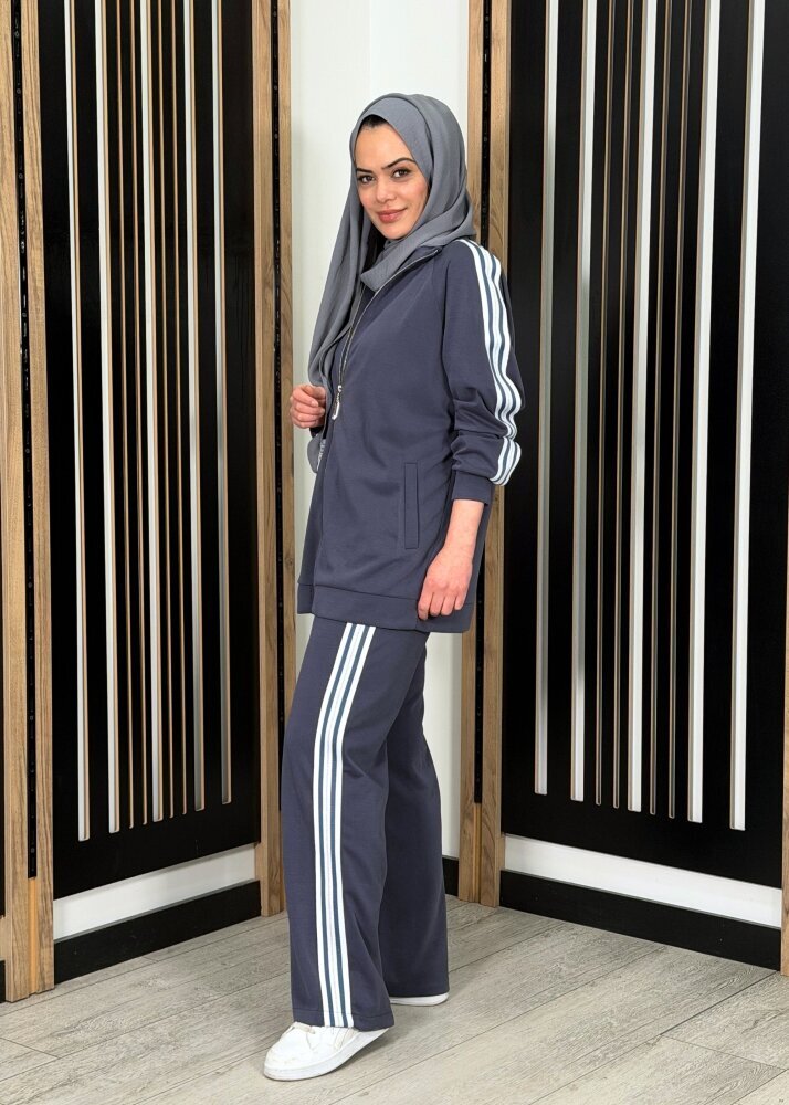 Nuss Önü Fermuarlı Şerit Detaylı Pantolonlu Takım LACİVERT - 2