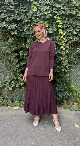 Nuss Önü İşlemeli Etekli Takım vişne - NUSS