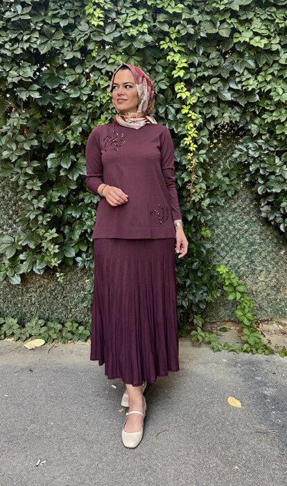 Nuss Önü İşlemeli Etekli Takım vişne - 3