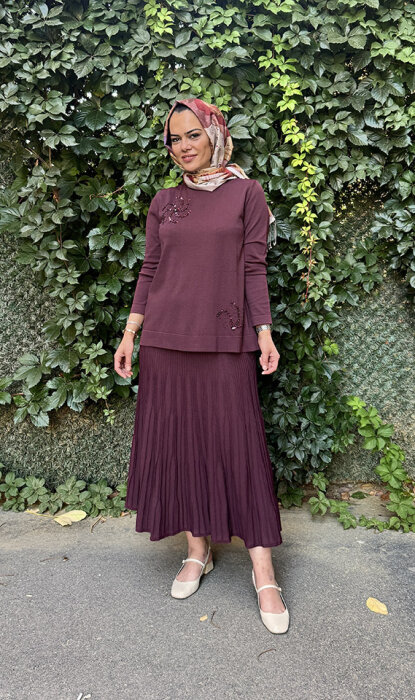 Nuss Önü İşlemeli Etekli Takım vişne - 4