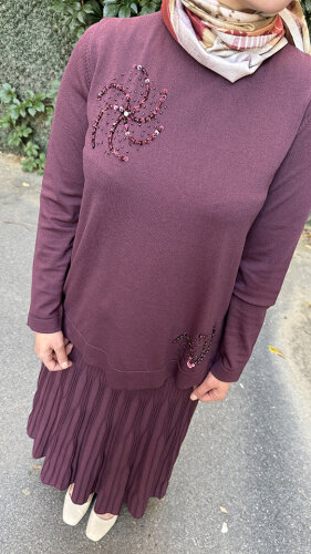 Nuss Önü İşlemeli Etekli Takım vişne - 5