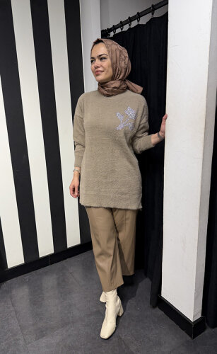 Nuss Önü Taş Çiçek İşlemeli Tunik BEJ - 2