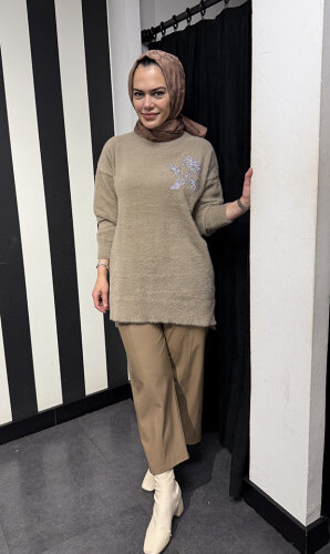 Nuss Önü Taş Çiçek İşlemeli Tunik BEJ