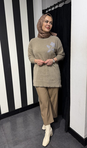 Nuss Önü Taş Çiçek İşlemeli Tunik BEJ - 3