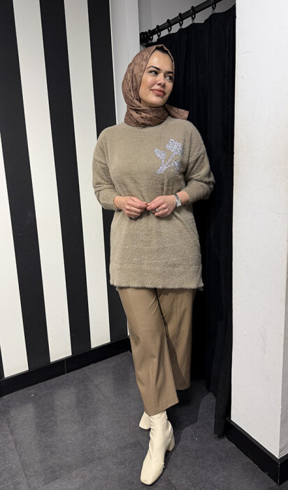 Nuss Önü Taş Çiçek İşlemeli Tunik BEJ - 3