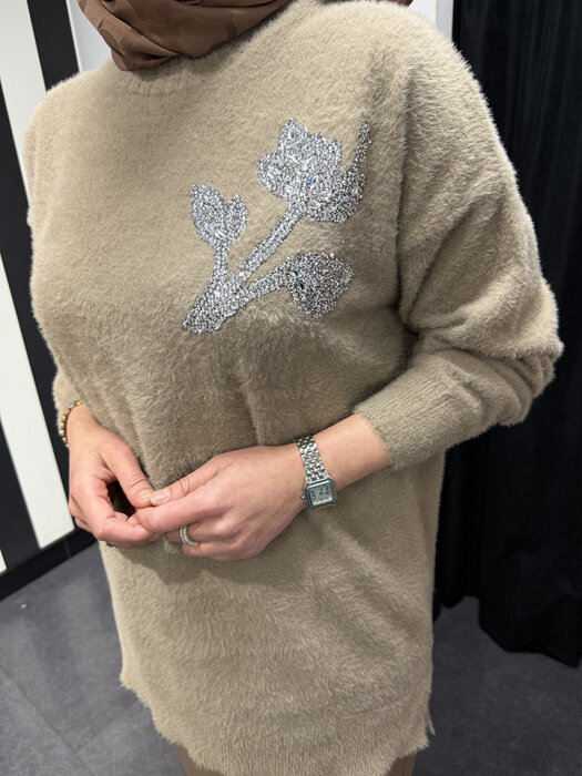 Nuss Önü Taş Çiçek İşlemeli Tunik BEJ - 4