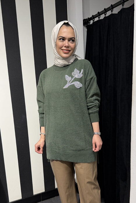 Nuss Önü Taş Çiçek İşlemeli Tunik HAKİ - 2