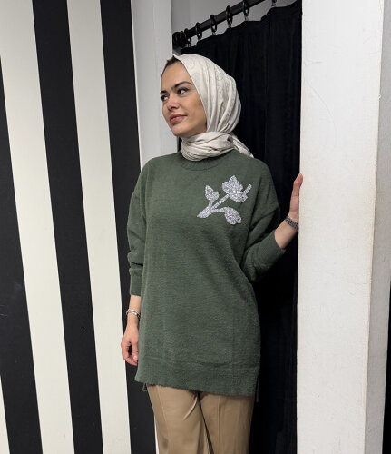 Nuss Önü Taş Çiçek İşlemeli Tunik HAKİ