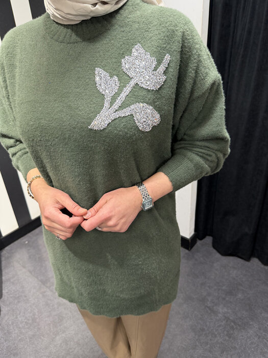 Nuss Önü Taş Çiçek İşlemeli Tunik HAKİ - 3