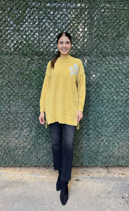 Nuss Önü Taş Çiçek İşlemeli Tunik HARDAL - 4
