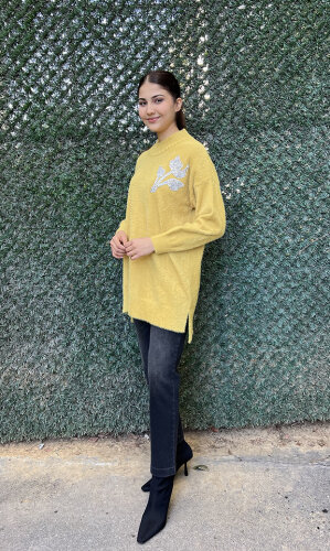 Nuss Önü Taş Çiçek İşlemeli Tunik HARDAL - 5