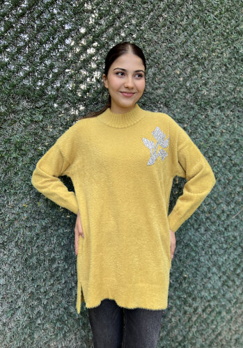 Nuss Önü Taş Çiçek İşlemeli Tunik HARDAL - 2