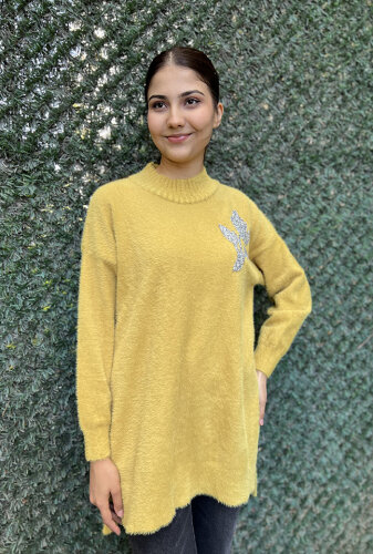 Nuss Önü Taş Çiçek İşlemeli Tunik HARDAL