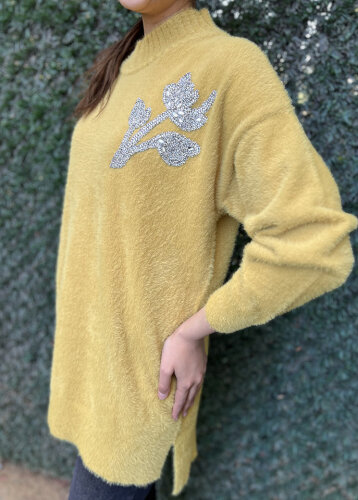 Nuss Önü Taş Çiçek İşlemeli Tunik HARDAL - 3