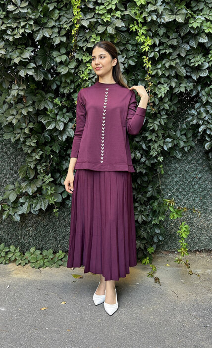 Nuss Önü Taşlı Etekli Takım BORDO - 1