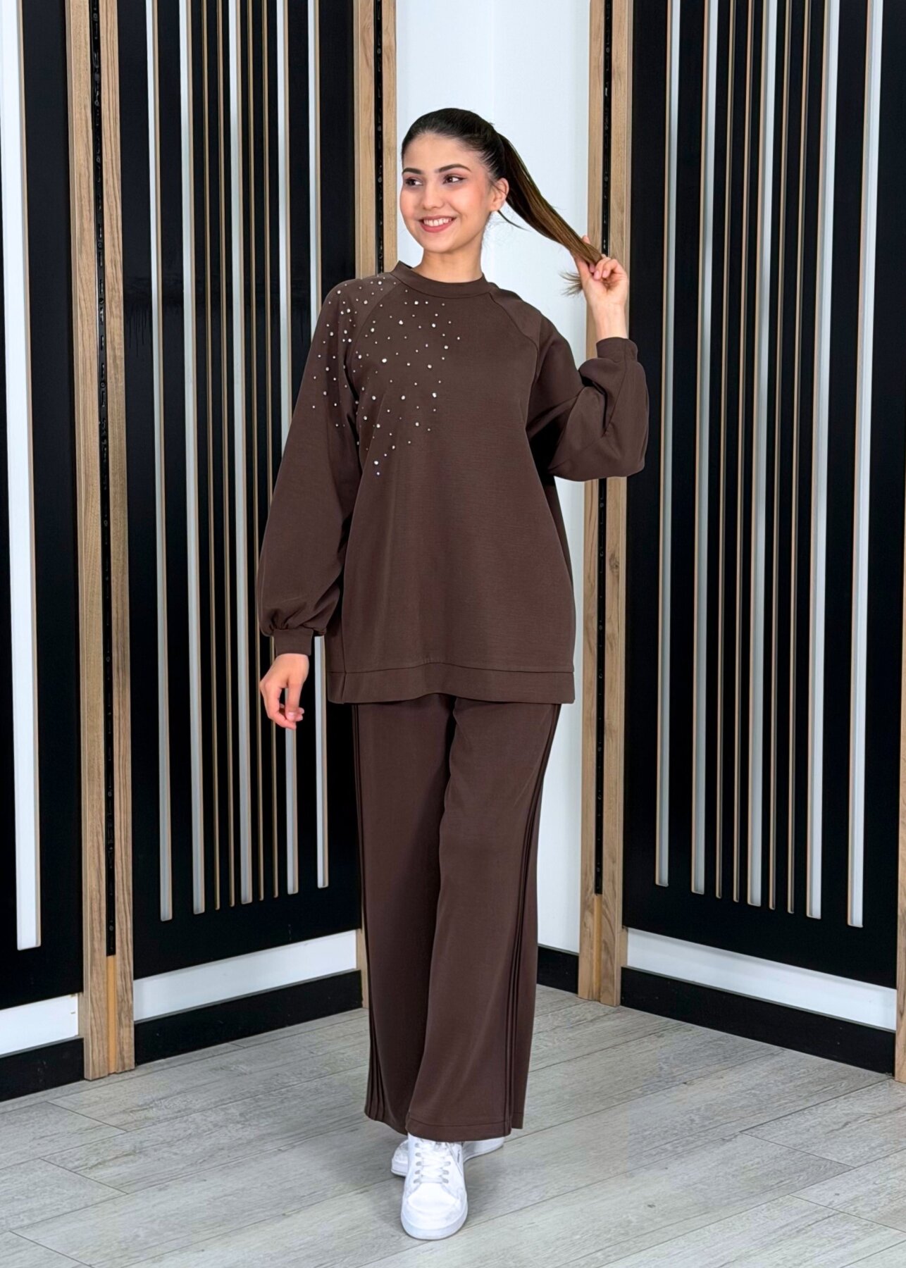 Nuss Önü Taşlı Pantolonlu Takım KAHVE - 1