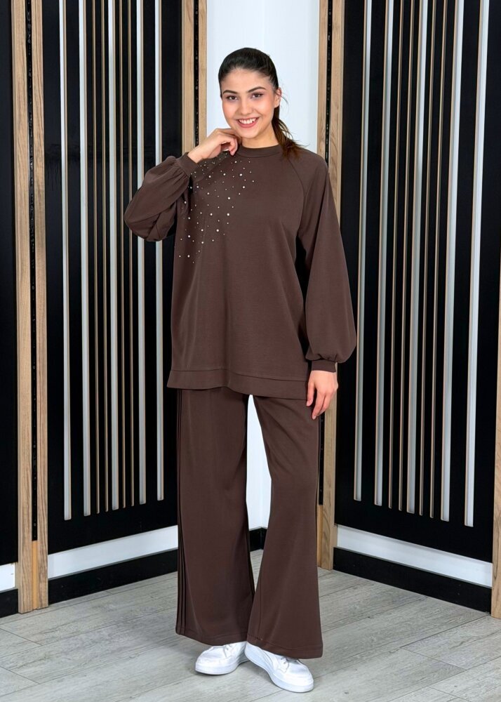 Nuss Önü Taşlı Pantolonlu Takım KAHVE - 3